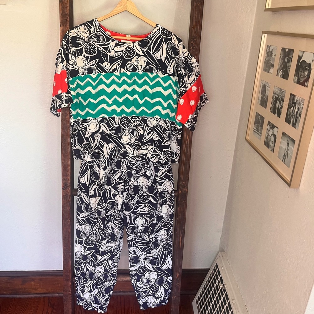 Ken Done Art To Wear Vintage 2 Piece Set Floral Chevron Rayon Pants Top Small - Picture 2 of 16
